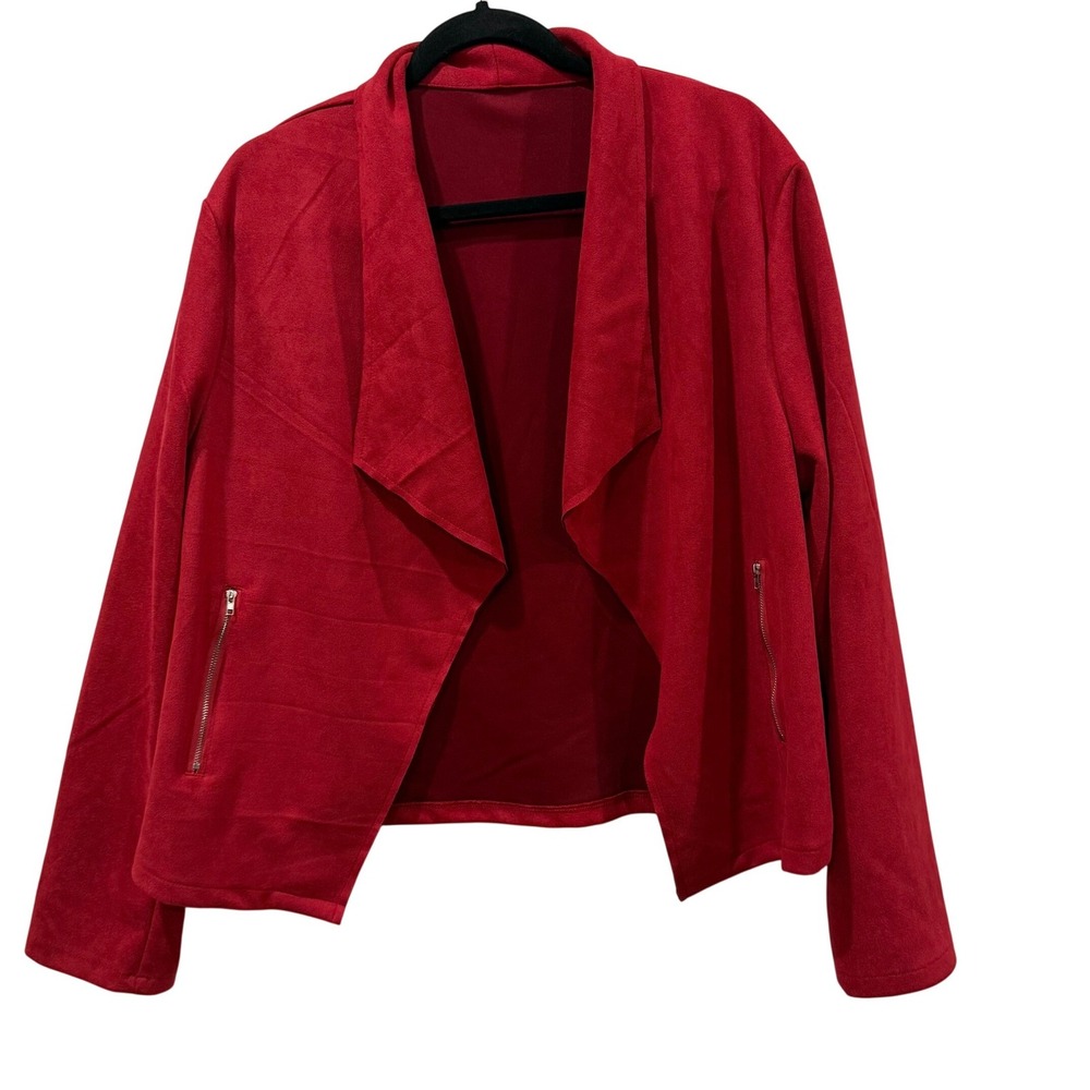 Womens Red Suede Drape Front Open Cardigan Jacket 3XL